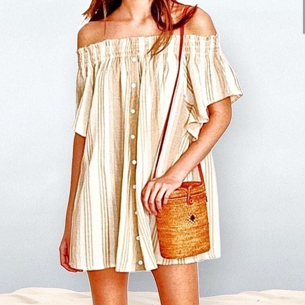 Faithful The Brand Deia Stripe Off Shoulder Smock Tan White Dress Large